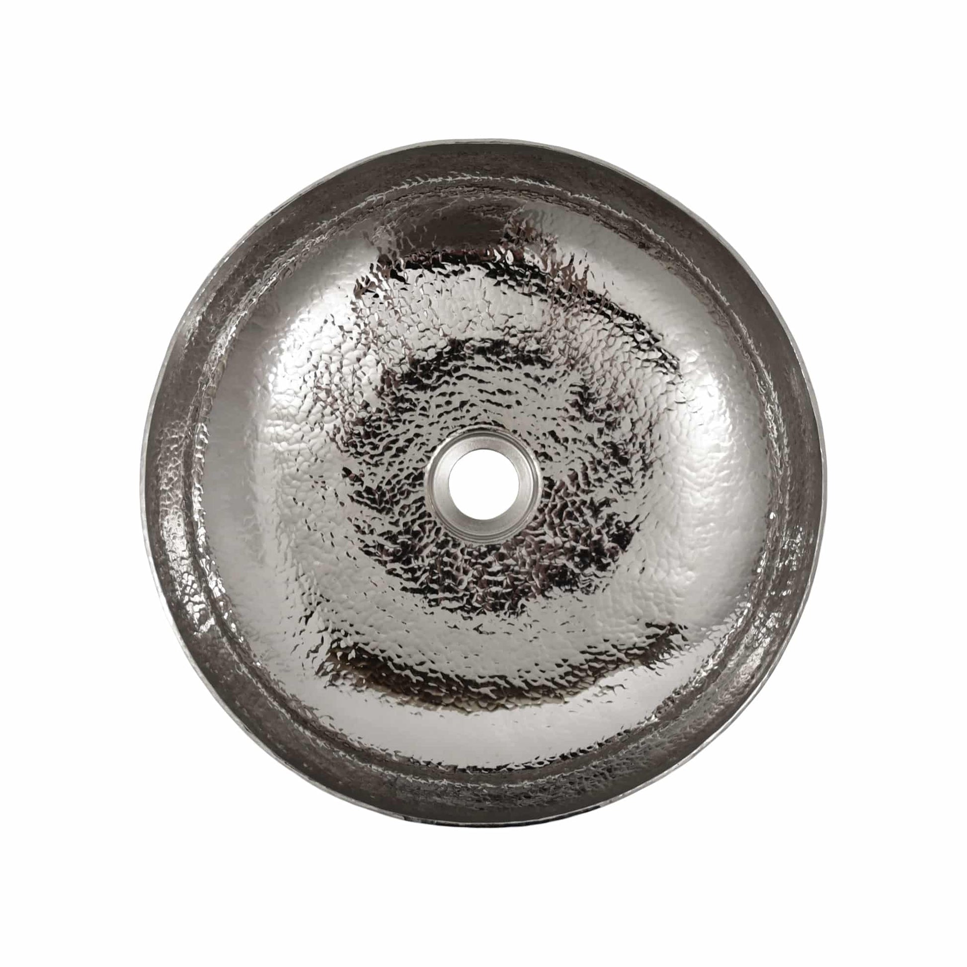 Polished nickel round sink with textured hammered interior finish and center drain opening, viewed from above.