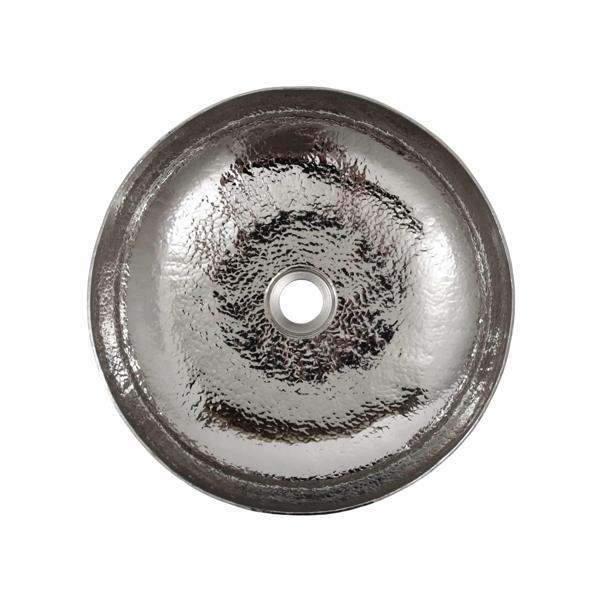 Polished nickel round sink with textured hammered interior finish and center drain opening, viewed from above.
