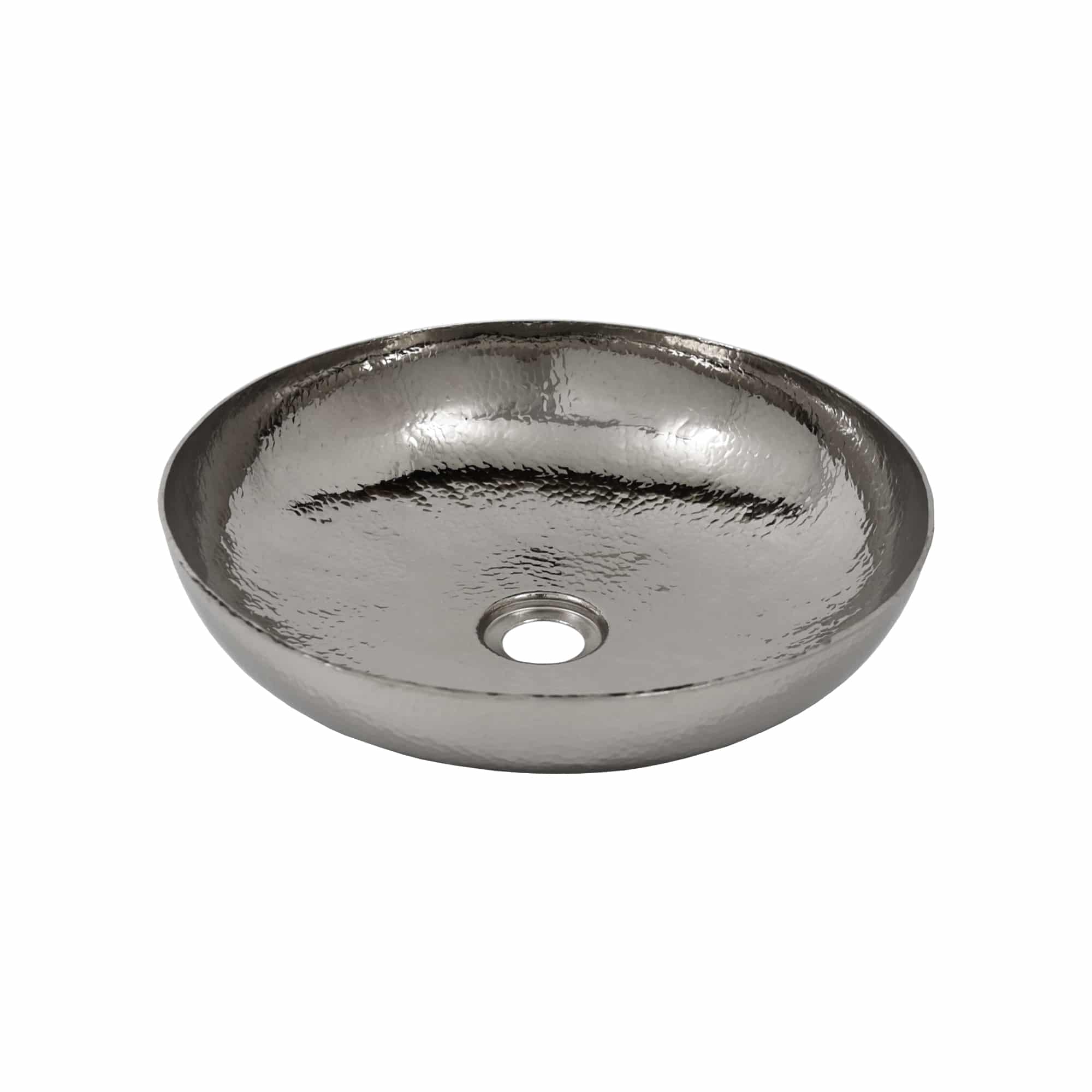 Polished nickel round vessel sink with hammered texture and center drain opening.