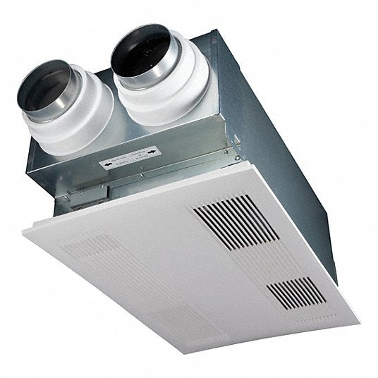 White ceiling-mounted energy recovery ventilator with dual black ductwork connections and gray metal housing.
