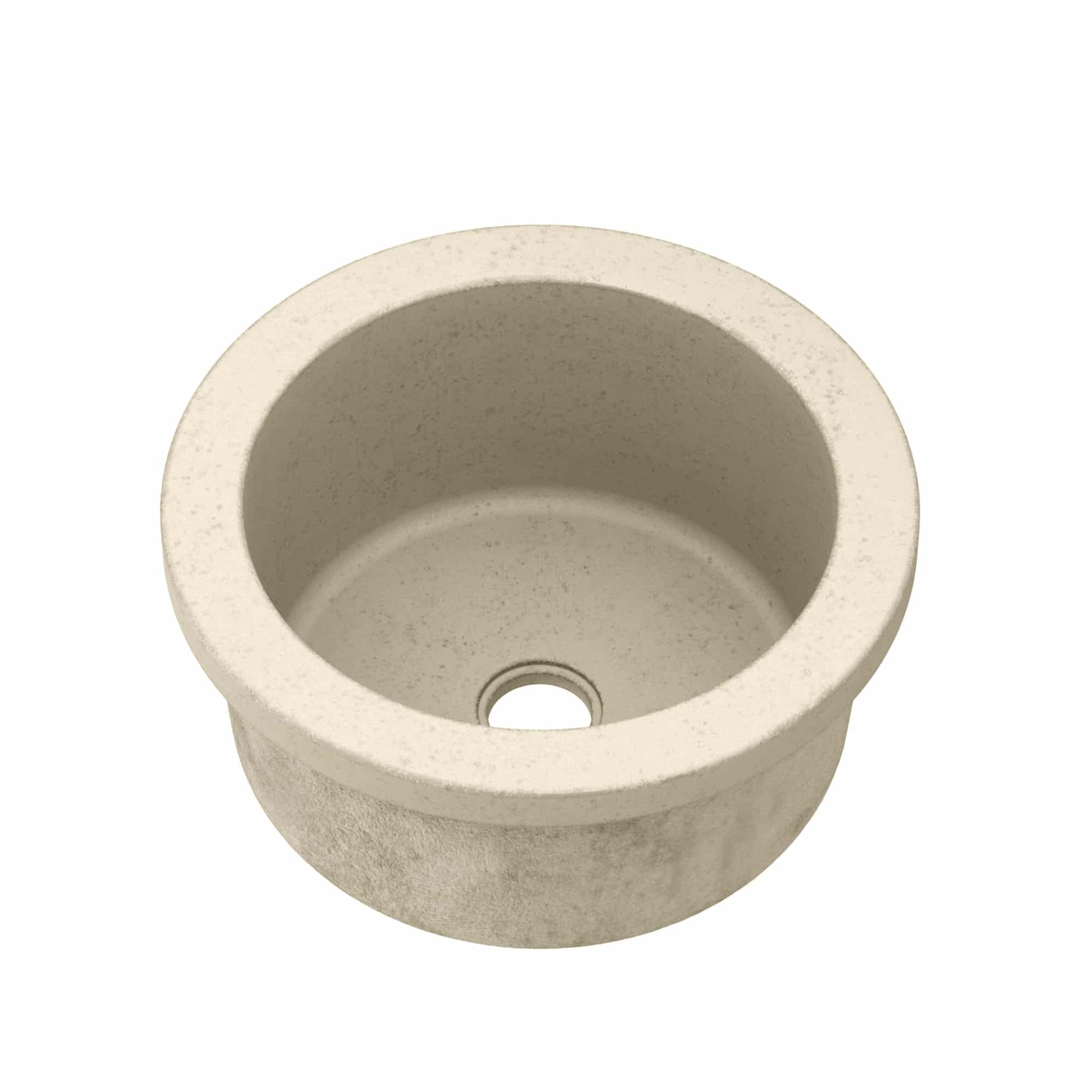 Sand-colored round concrete sink with single drainage hole, viewed from above.