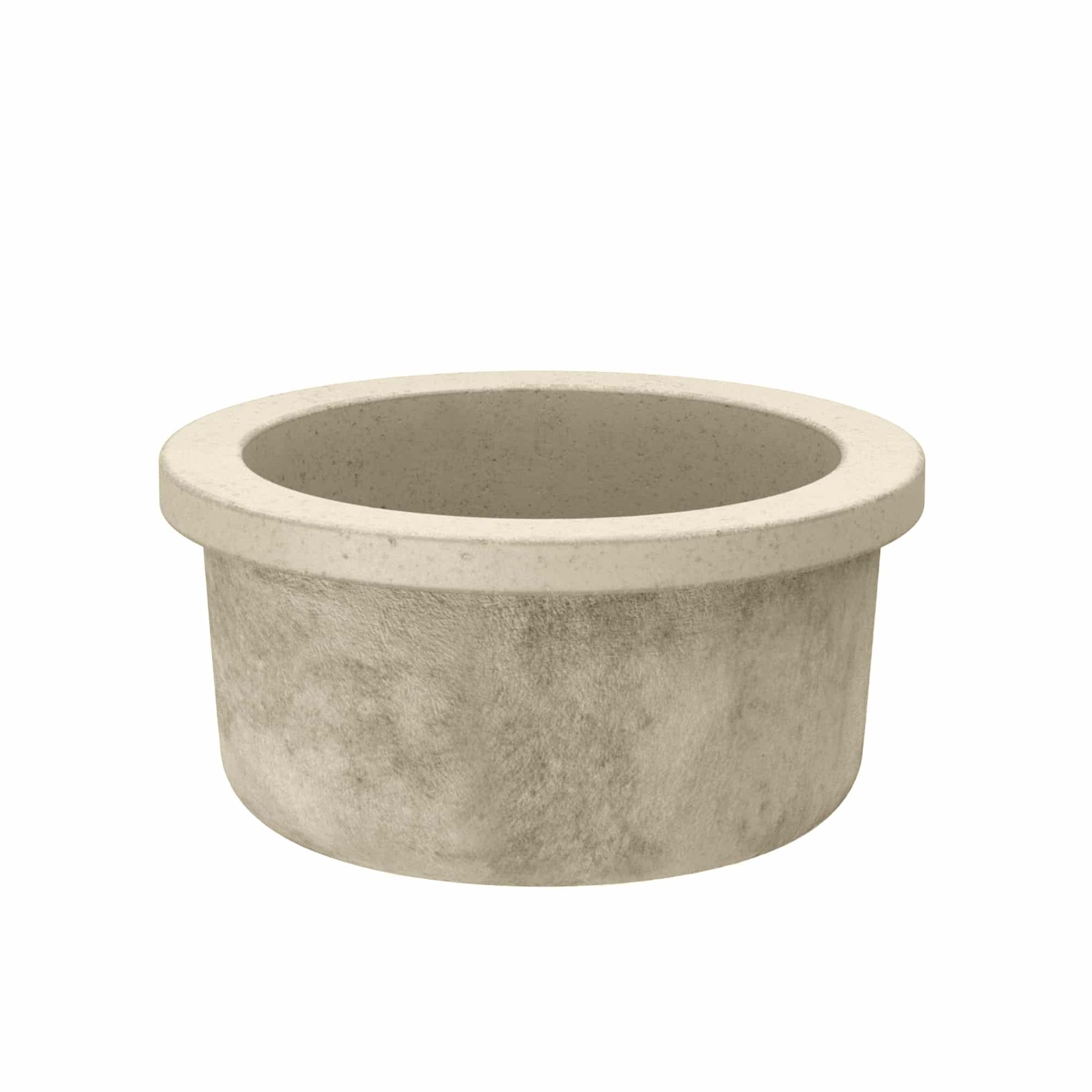 Sand-colored concrete round vessel with wide rim and tapered cylindrical body.