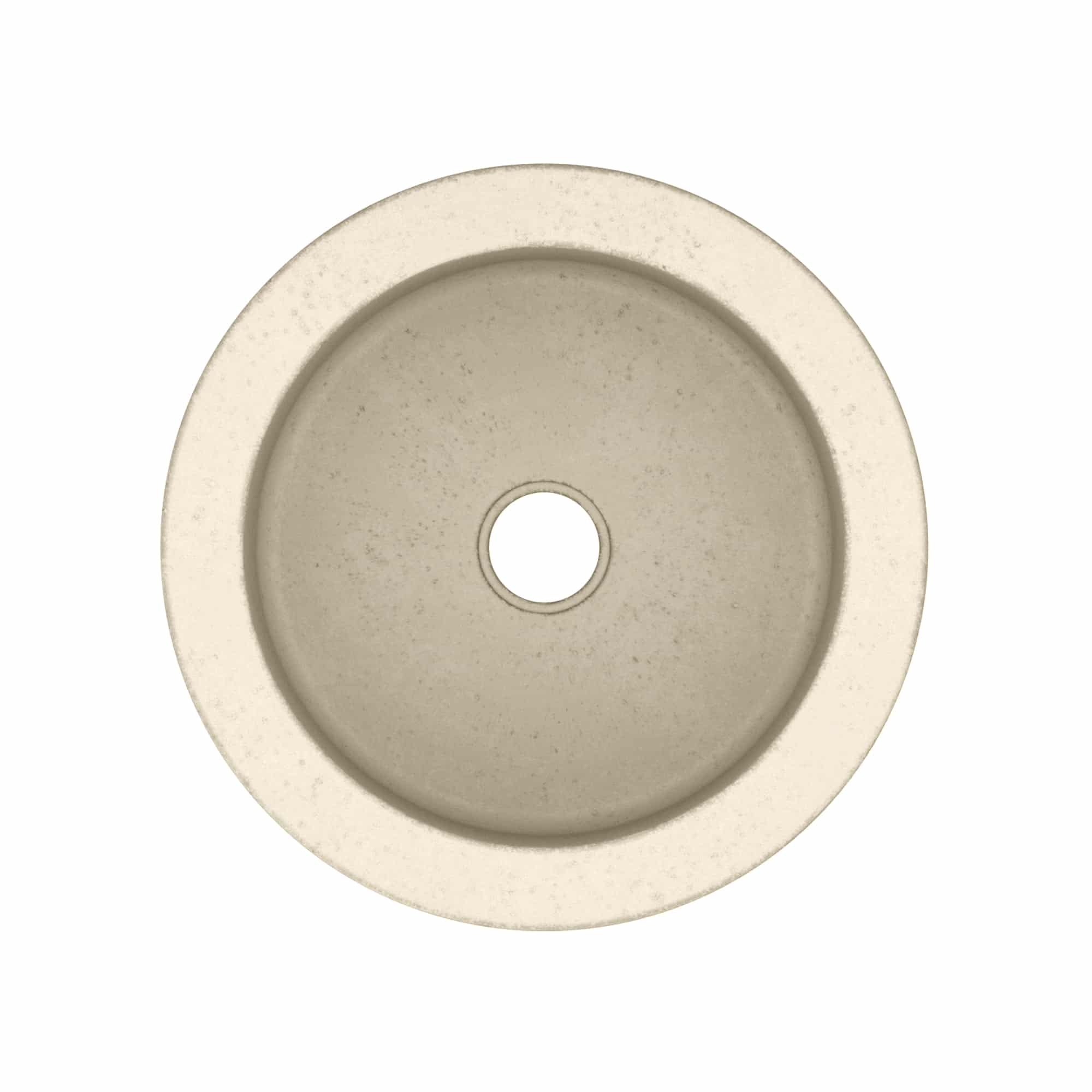Sand-colored round bathroom sink with centered drain hole and textured surface, viewed from above.
