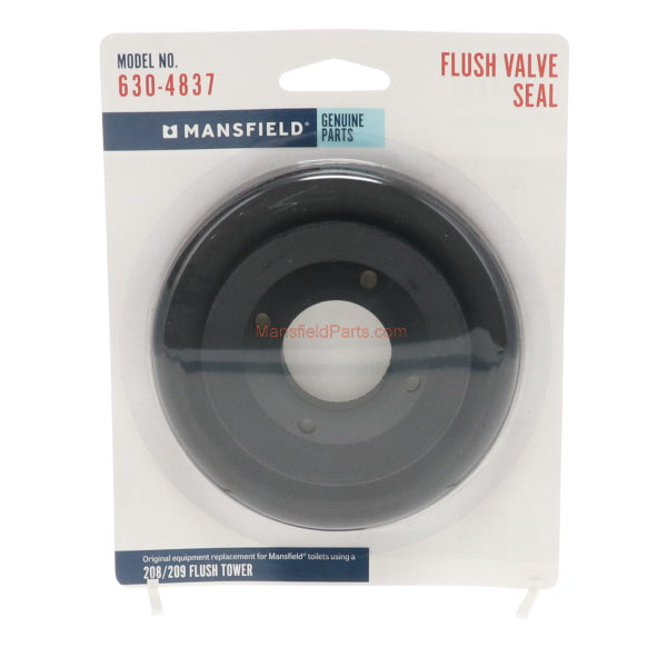 Black rubber flush valve seal in Mansfield packaging, model 630-4837, for toilet tanks.