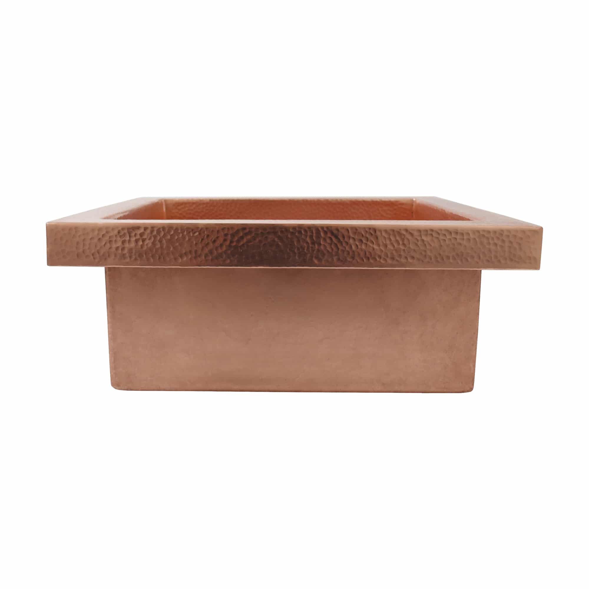 Polished copper rectangular sink with hammered rim and smooth bowl sides.