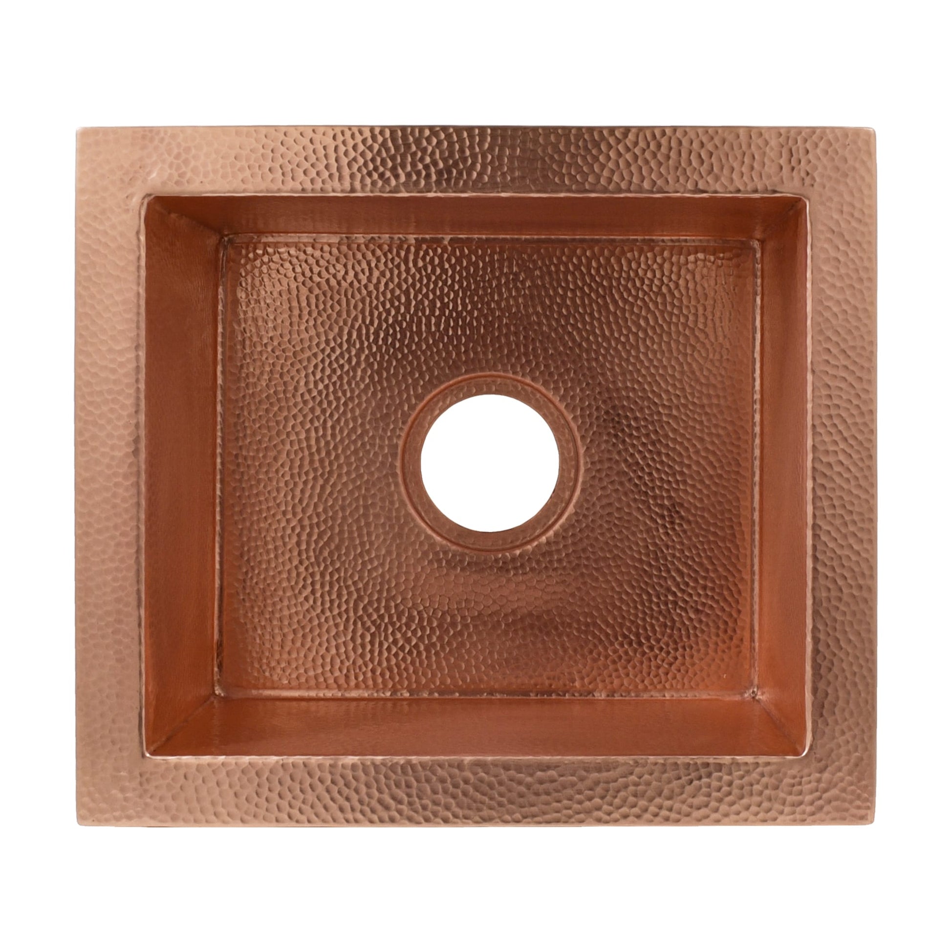 Polished copper square sink with hammered texture surface and centered drain hole, viewed from above.