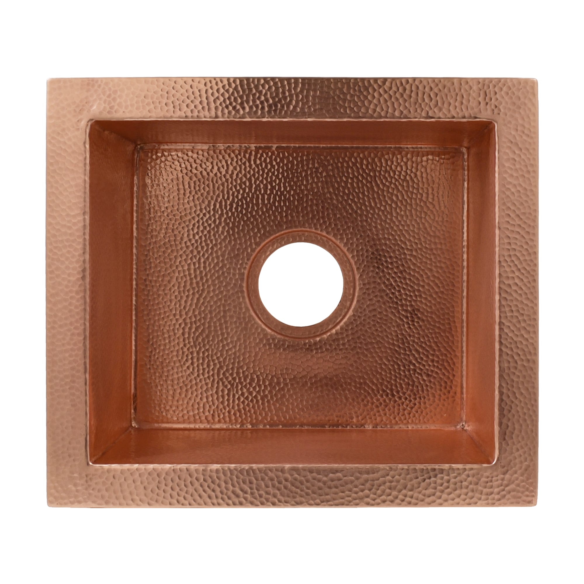 Polished copper square sink with hammered texture surface and centered drain hole, viewed from above.
