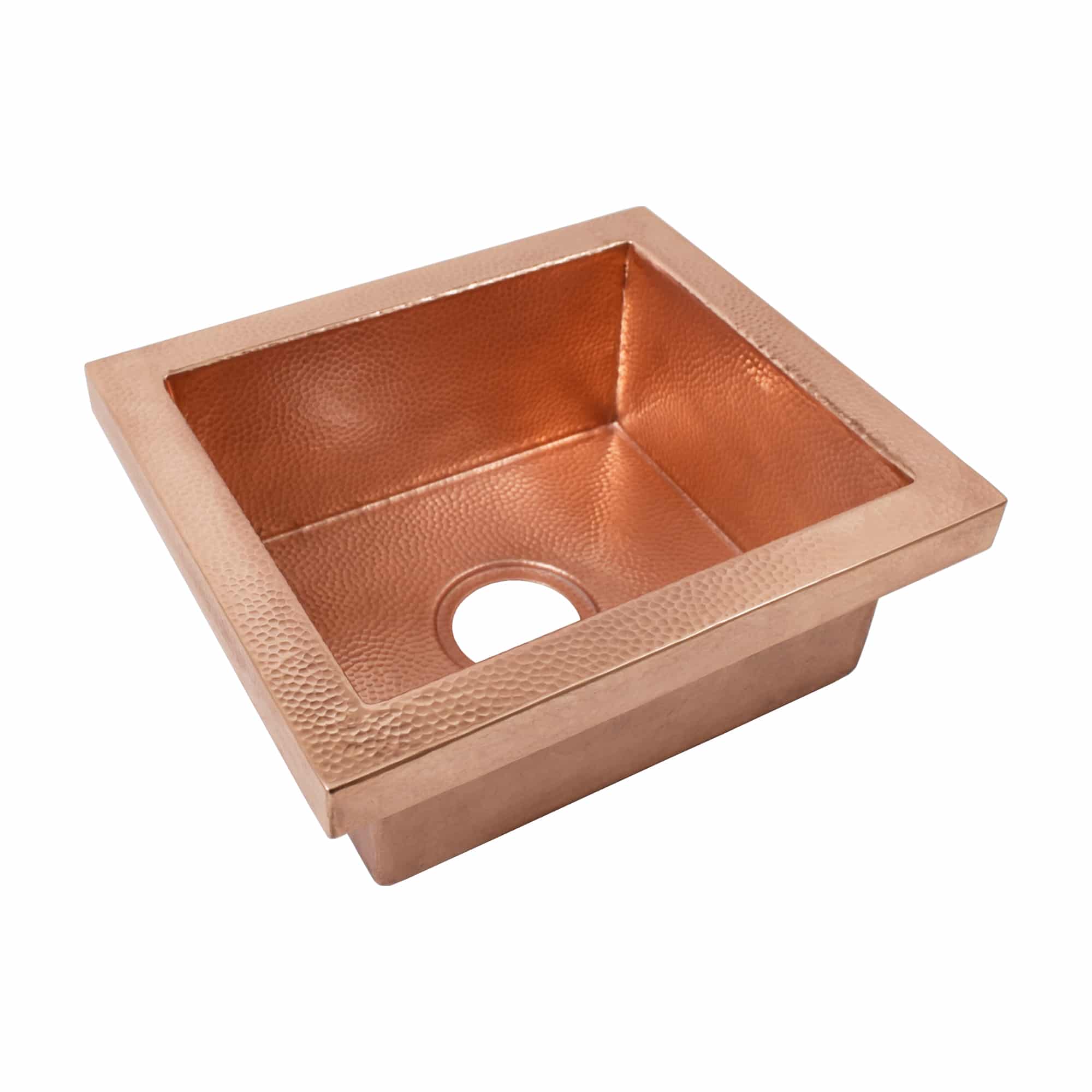 Polished copper square sink with hammered interior finish and single drain hole.
