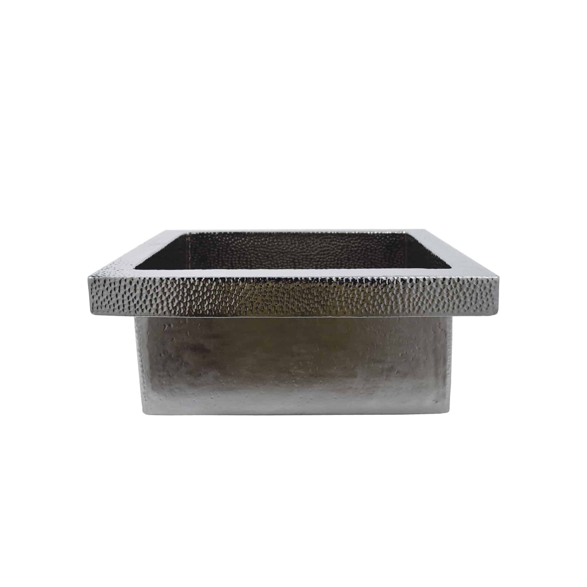 Polished nickel square sink with hammered metal rim and textured interior basin.