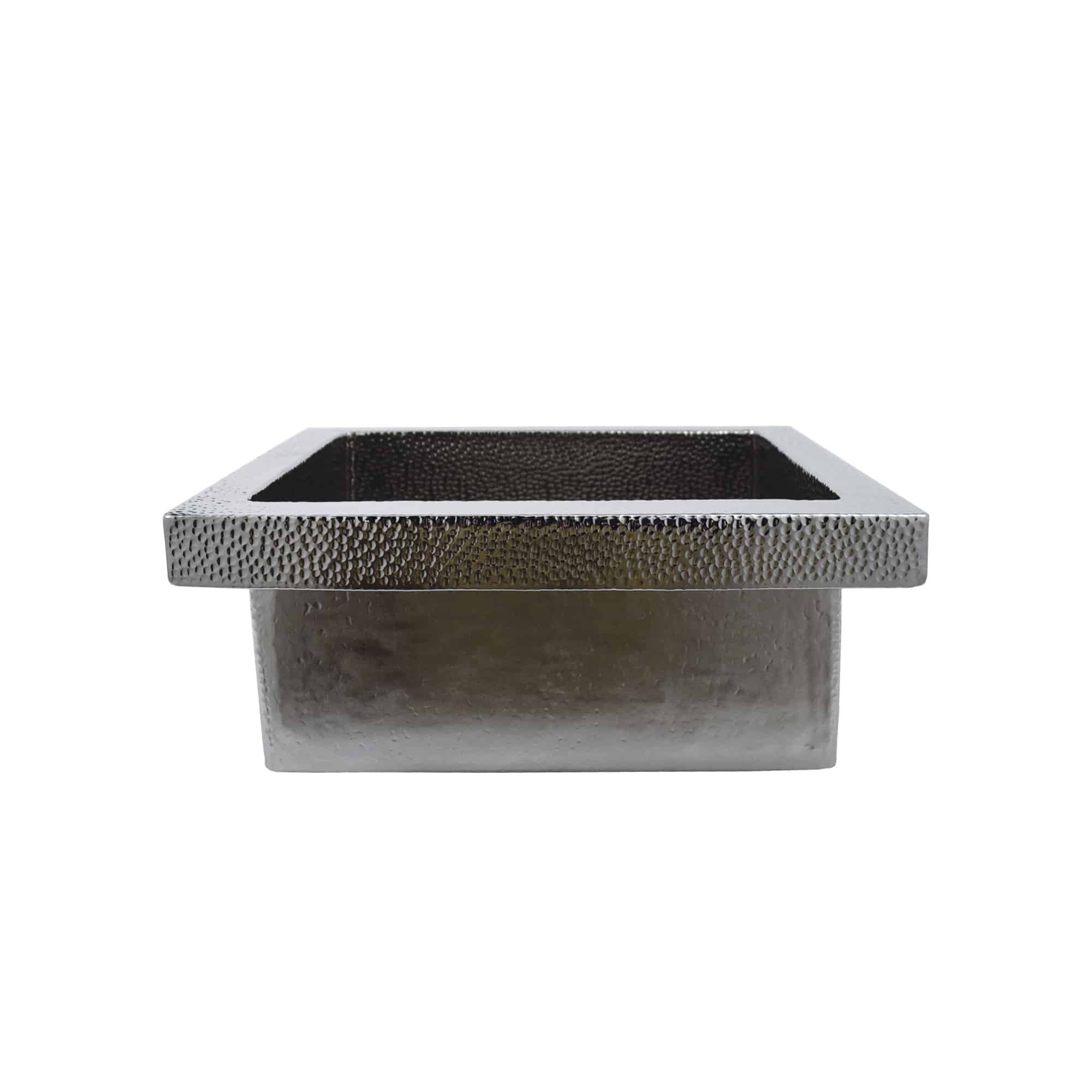 Polished nickel square sink with hammered metal rim and textured interior basin.