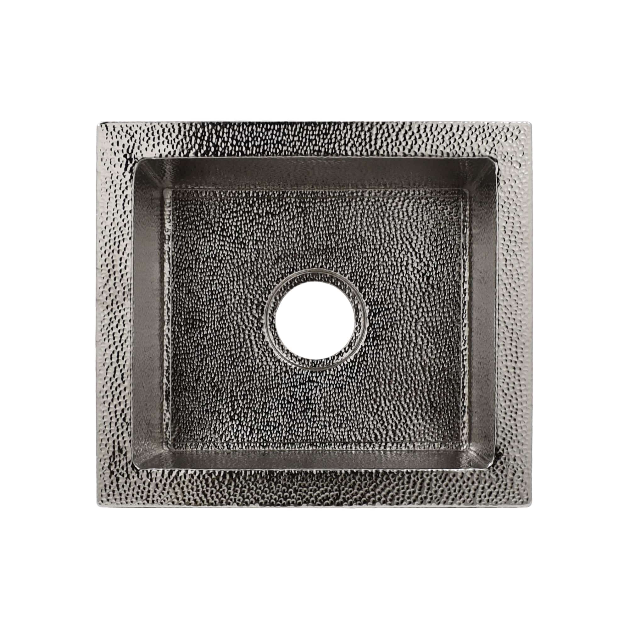 Polished nickel square sink with hammered texture exterior and drain hole.
