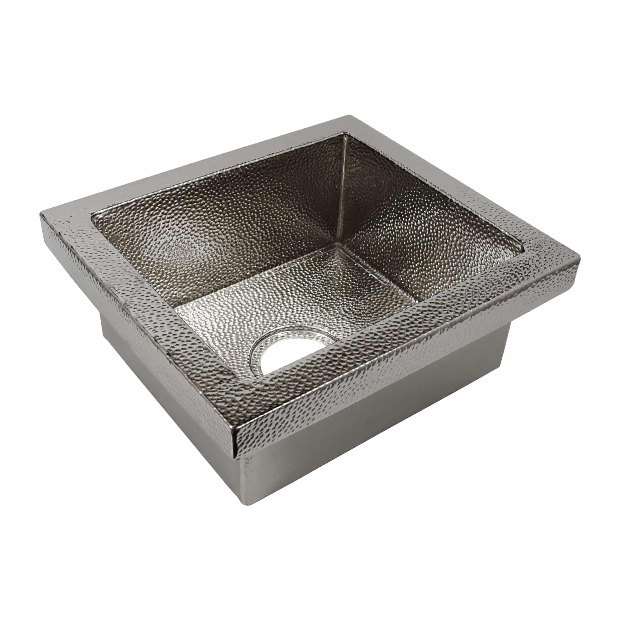 Polished nickel square sink with hammered interior texture and single drain opening.