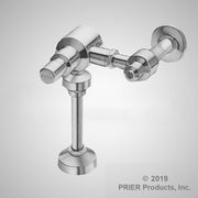 Chrome urinal valve with dual push buttons, central spout, and wall-mounted base on gray background.