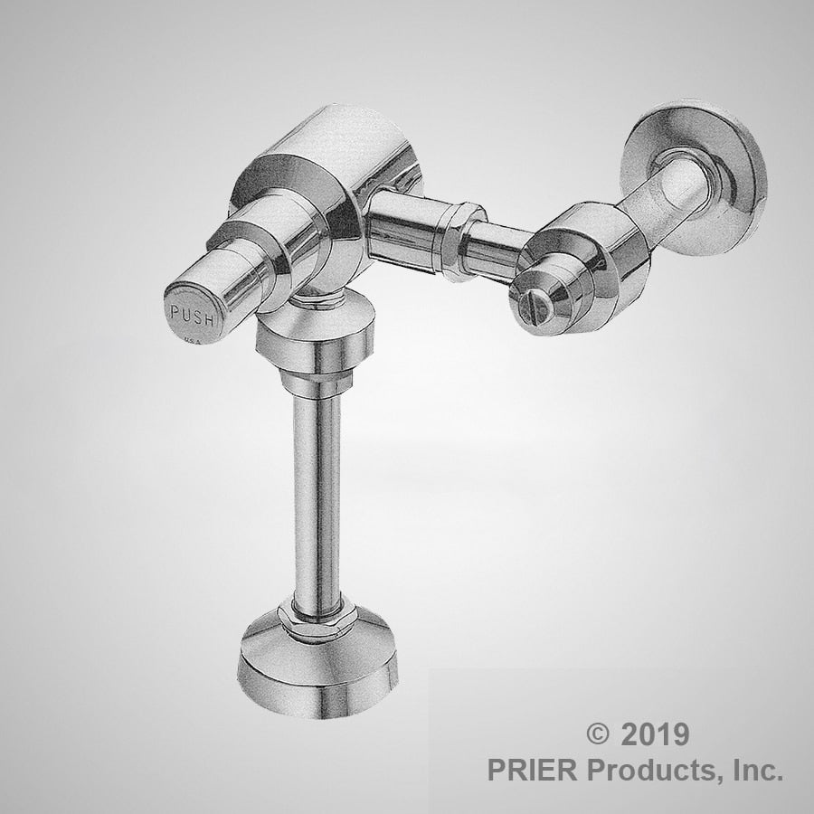 Chrome urinal valve with dual push buttons, central spout, and wall-mounted base on gray background.