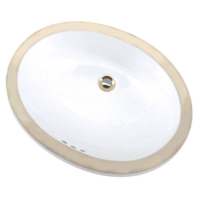 White oval undermount lavatory sink with beige rim and single drain hole.