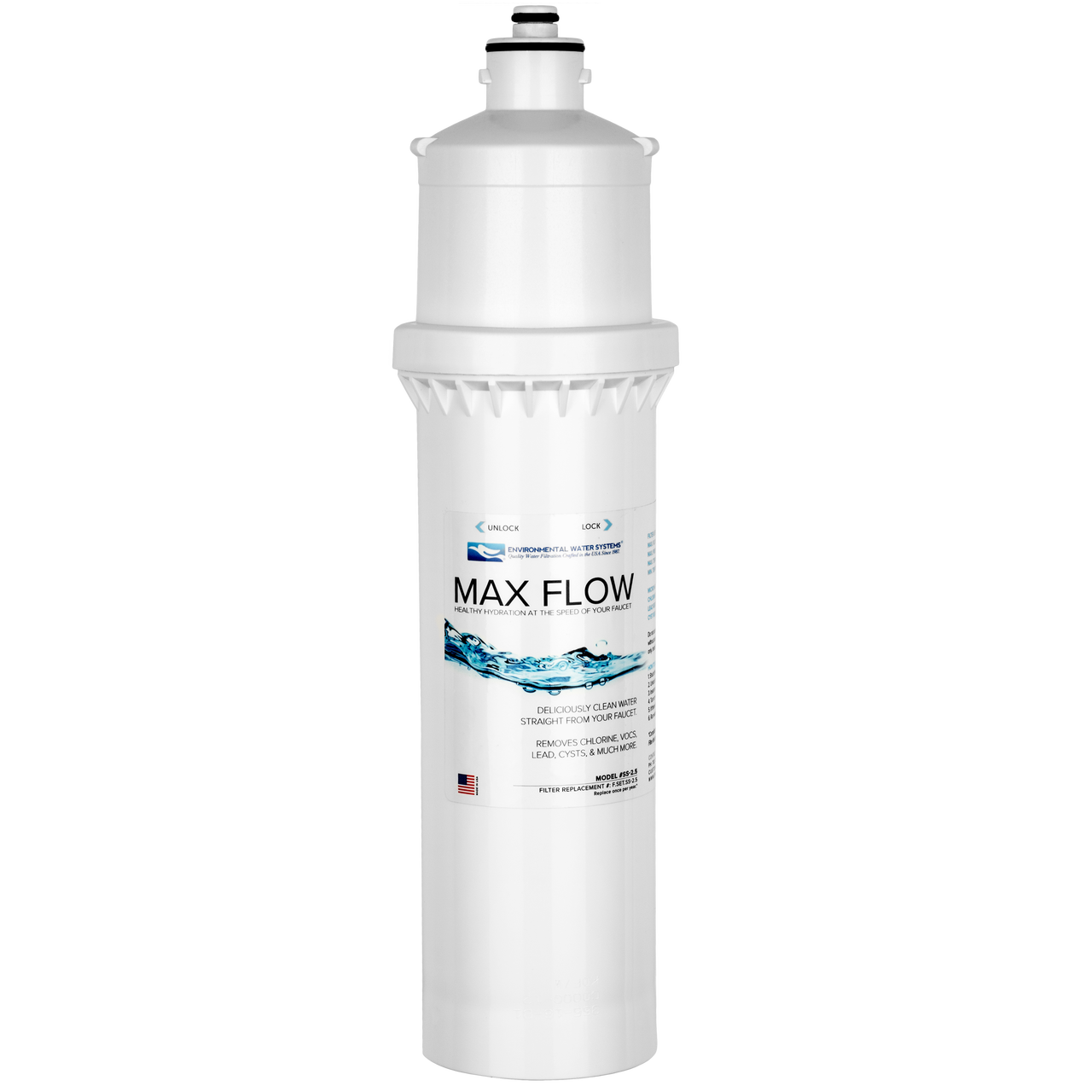 White cylindrical water filter cartridge with black top connector and MAX FLOW label featuring water imagery.