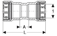 Viega MegaPressG 3/4" carbon steel press coupling with zinc-nickel coating and center stop, shown front view with dimensions.
