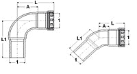 Chrome-plated 90-degree street elbow fitting with press connections and threaded outlet shown from two angles.