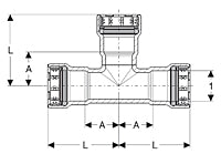 Viega MegaPress carbon steel tee fitting with three ports and zinc-nickel coating, front view technical drawing.