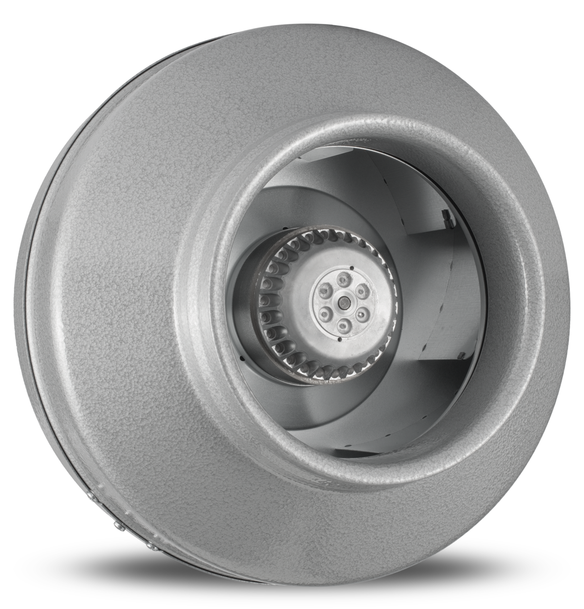 Gray cylindrical centrifugal duct fan with internal impeller and motor housing visible from front.