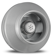 Gray cylindrical centrifugal duct fan with internal impeller and motor housing visible from front.