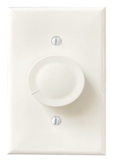 White rotary-style AC motor speed controller with circular dial knob and mounting screws on wall plate.