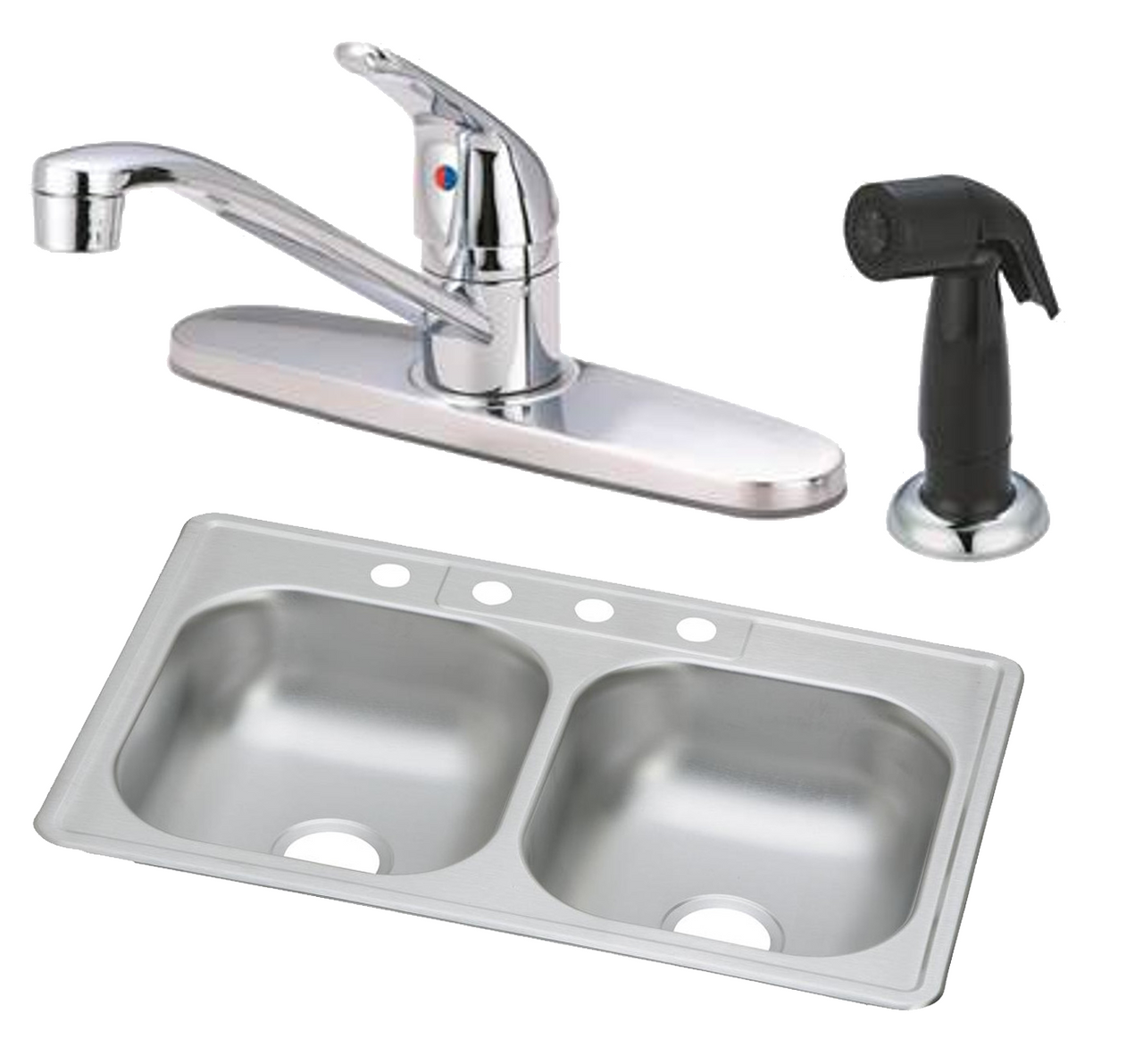 Stainless steel double-bowl drop-in sink with chrome single-handle faucet and black side spray attachment.