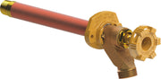 Brass wall-mounted freezeless faucet with red vinyl-covered supply tube and metal handle valve.