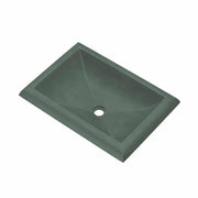 Forest green rectangular undermount sink with sloped interior walls and single drain hole.