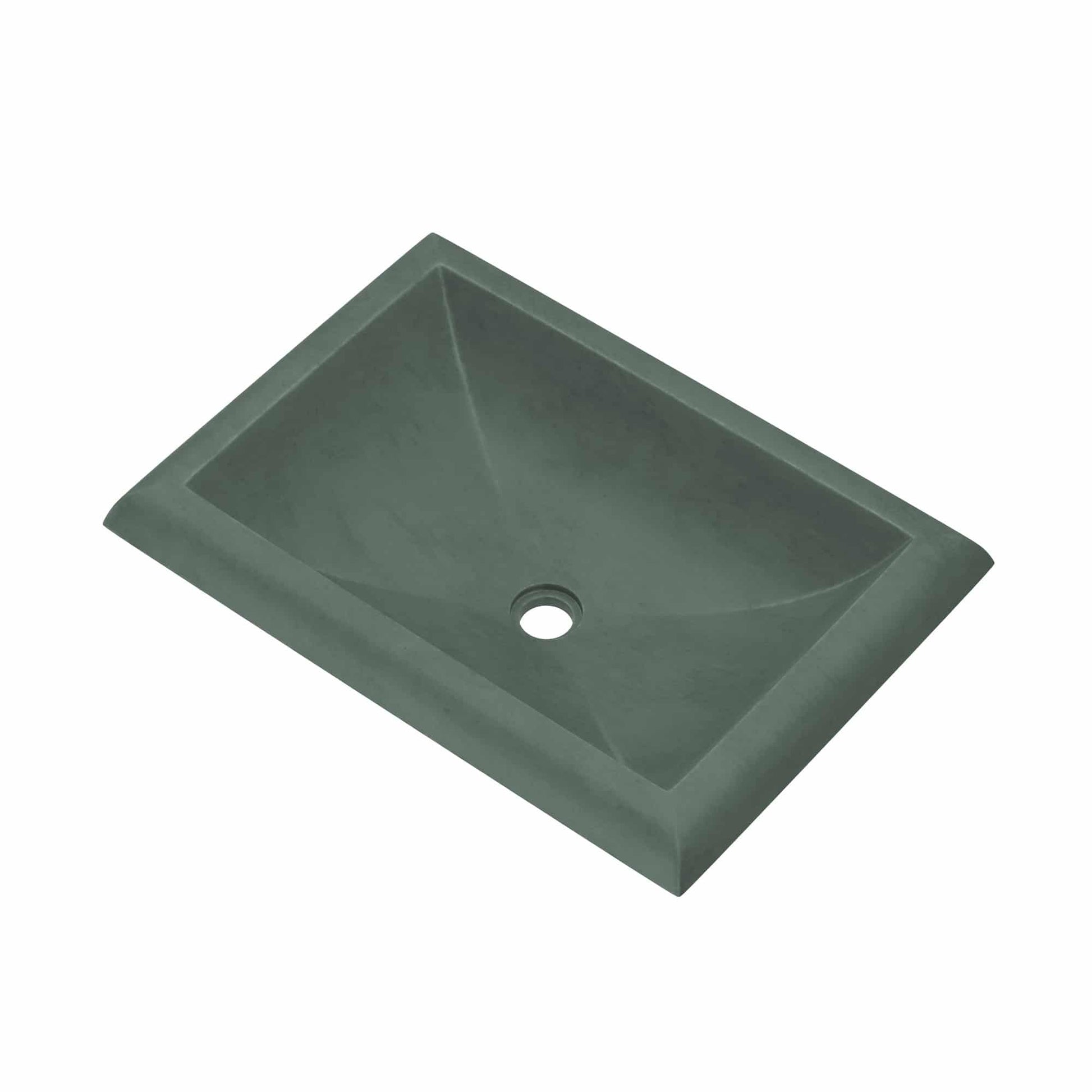 Forest green rectangular undermount sink with sloped interior walls and single drain hole.
