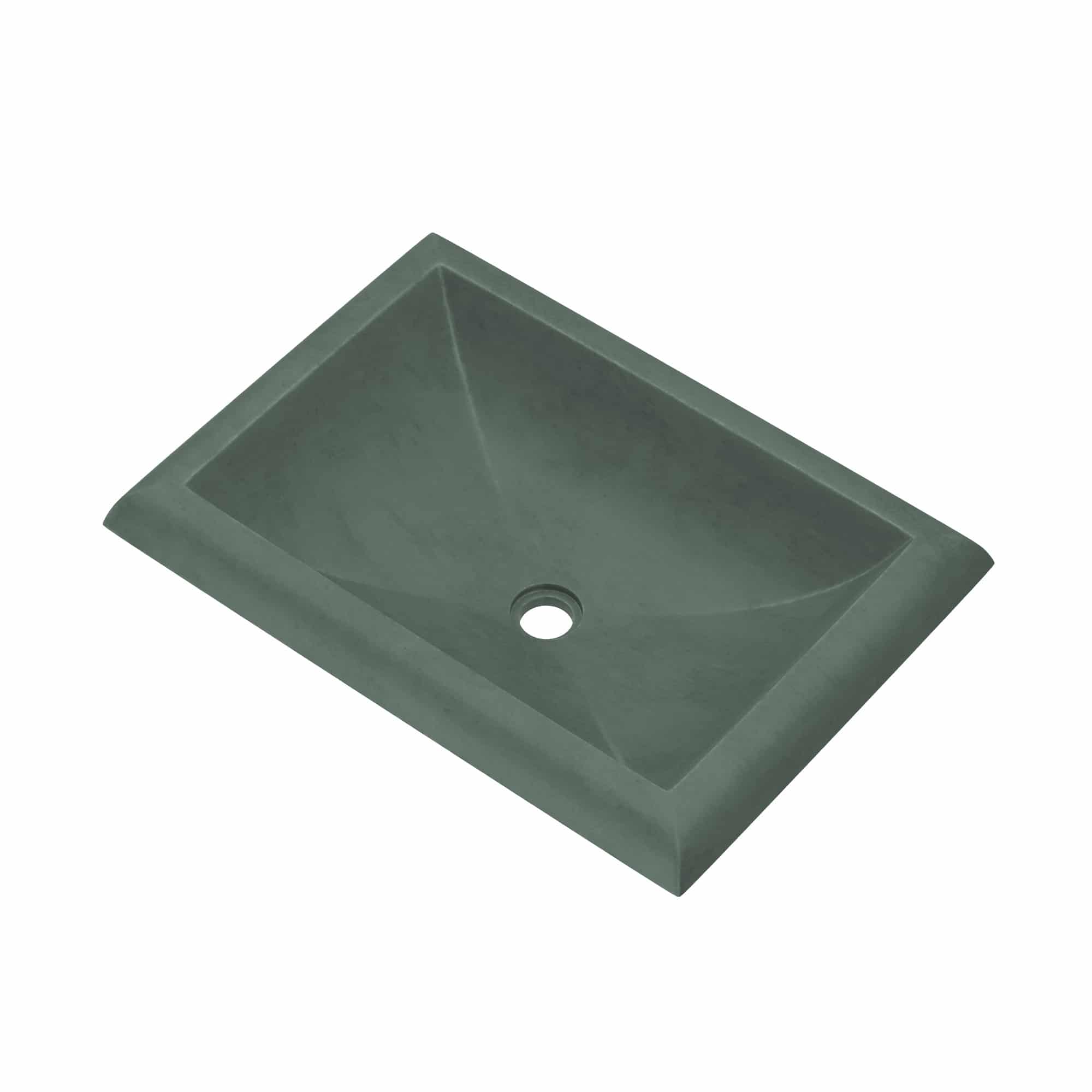 Forest green rectangular undermount sink with sloped interior walls and single drain hole.