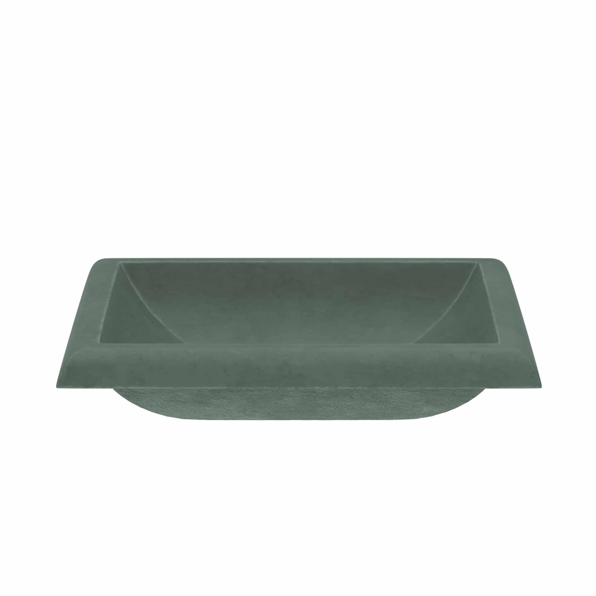 Forest green rectangular sink with dual basins and curved rim, viewed from above.