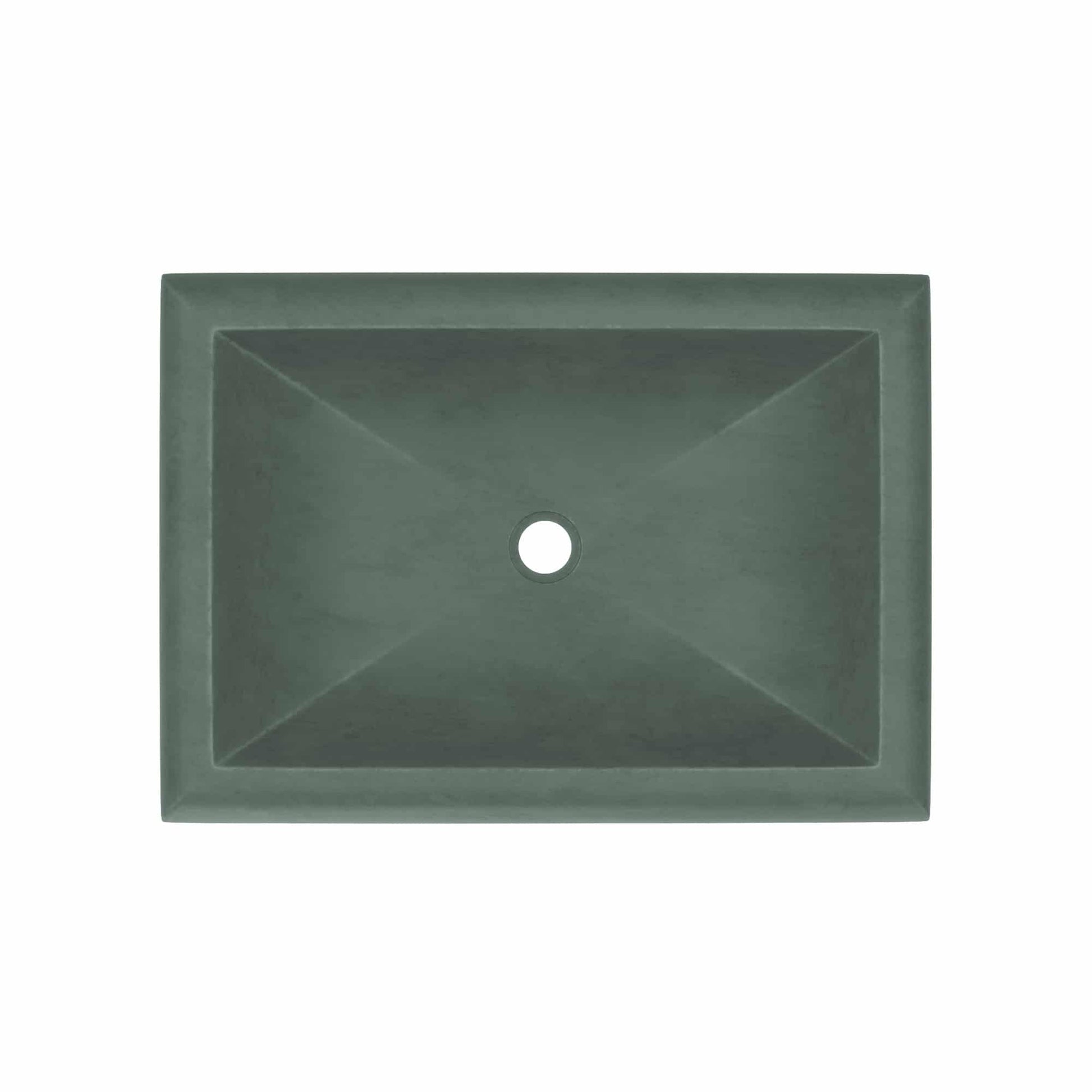 Forest green rectangular undermount sink with single drain hole and tapered interior walls.