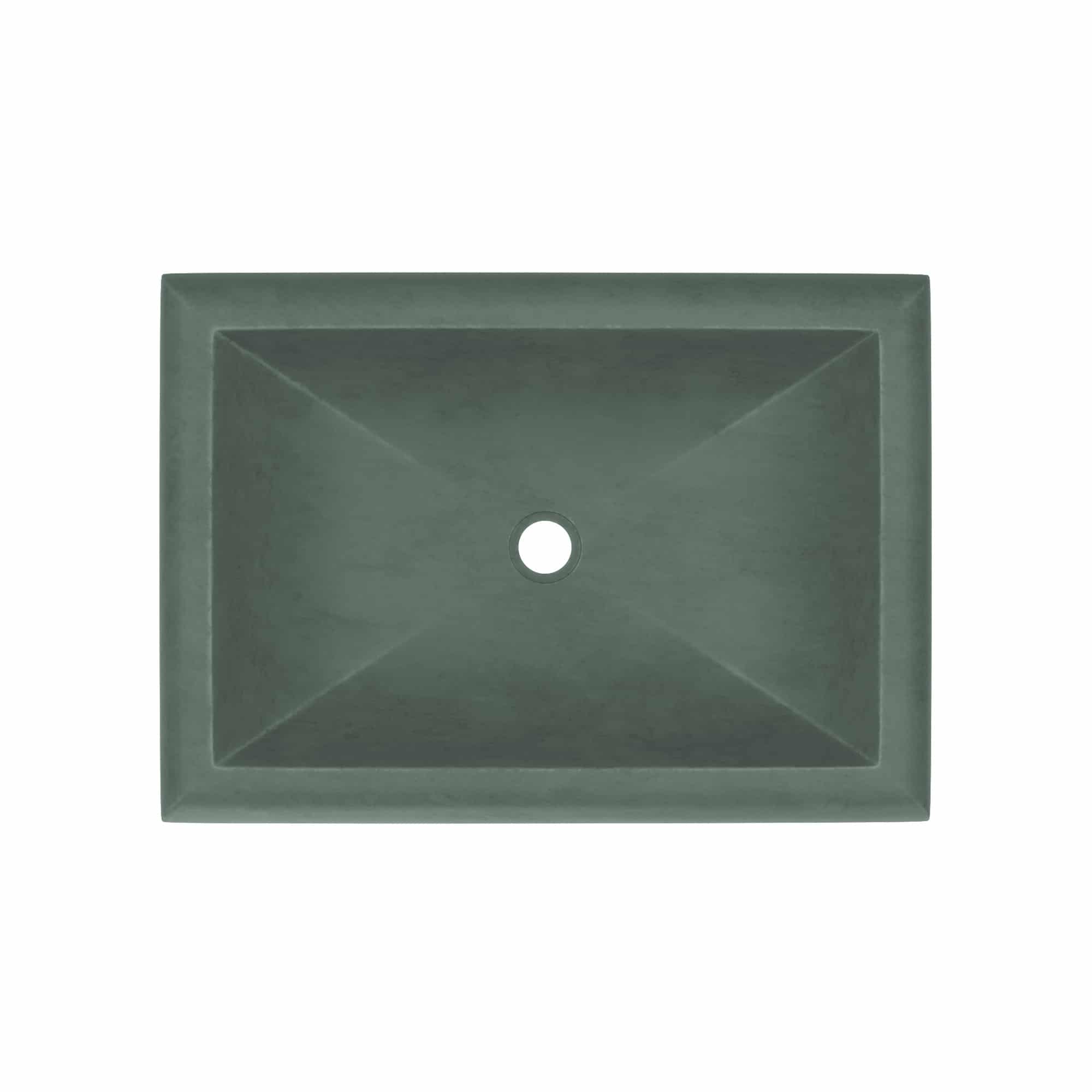 Forest green rectangular undermount sink with single drain hole and tapered interior walls.