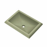 Sage-colored rectangular undermount sink with single drain hole and beveled rim edges.