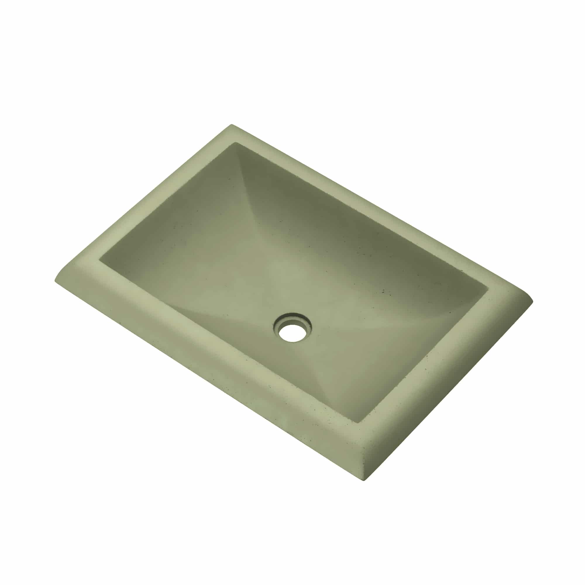 Sage-colored rectangular undermount sink with single drain hole and beveled rim edges.