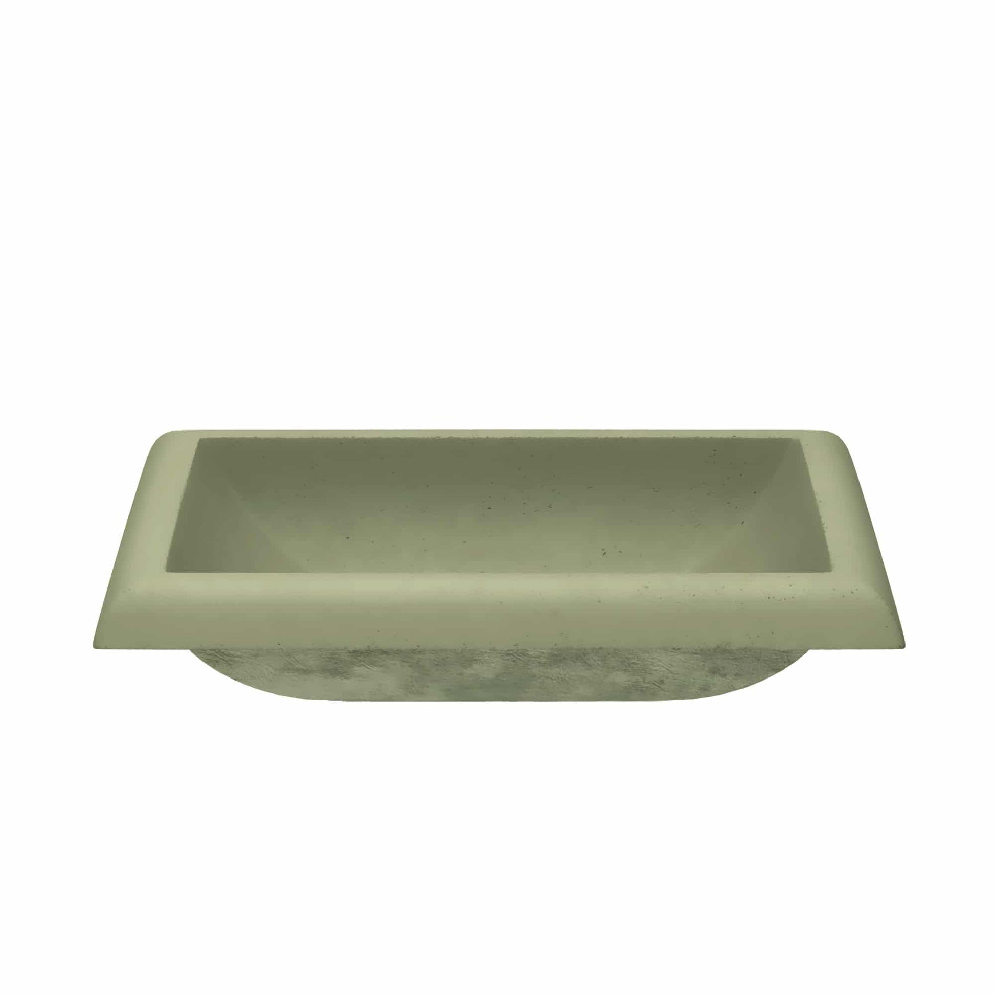 Sage green rectangular undermount sink with curved edges and textured interior surface.