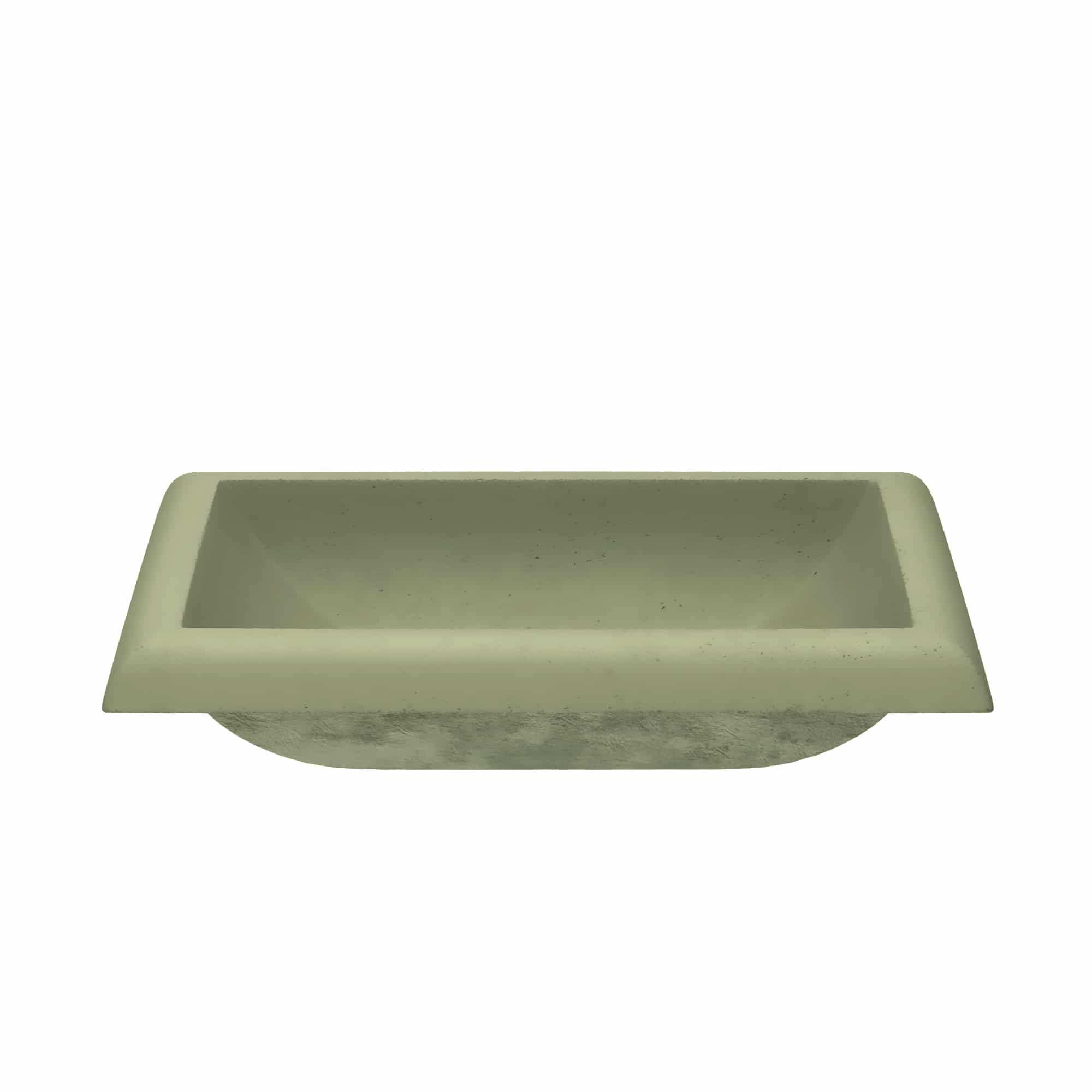 Sage green rectangular undermount sink with curved edges and textured interior surface.