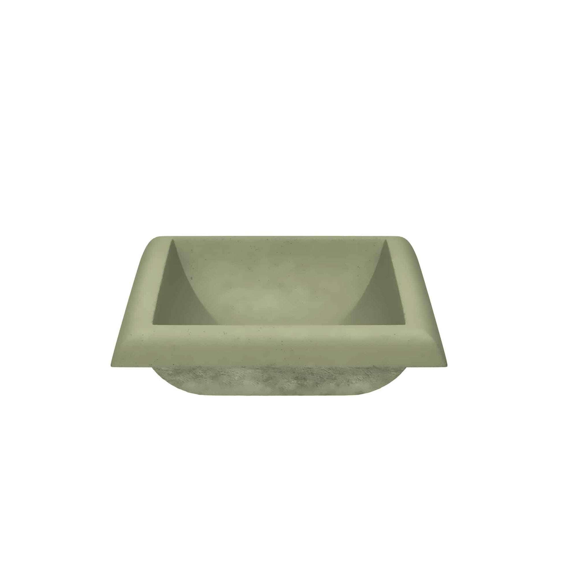 Sage-colored square bathroom sink with sloped sides and rounded interior basin.