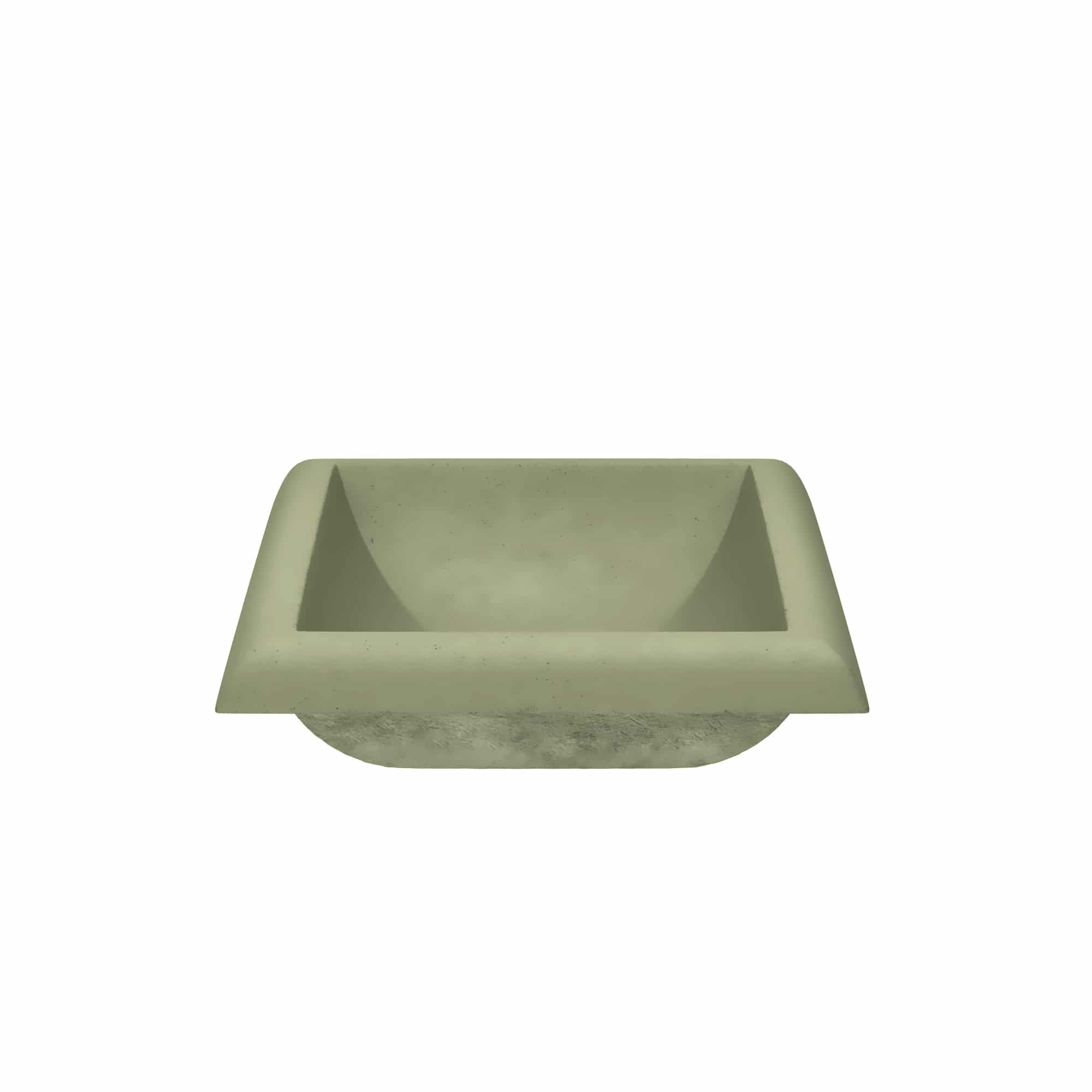 Sage-colored square bathroom sink with sloped sides and rounded interior basin.