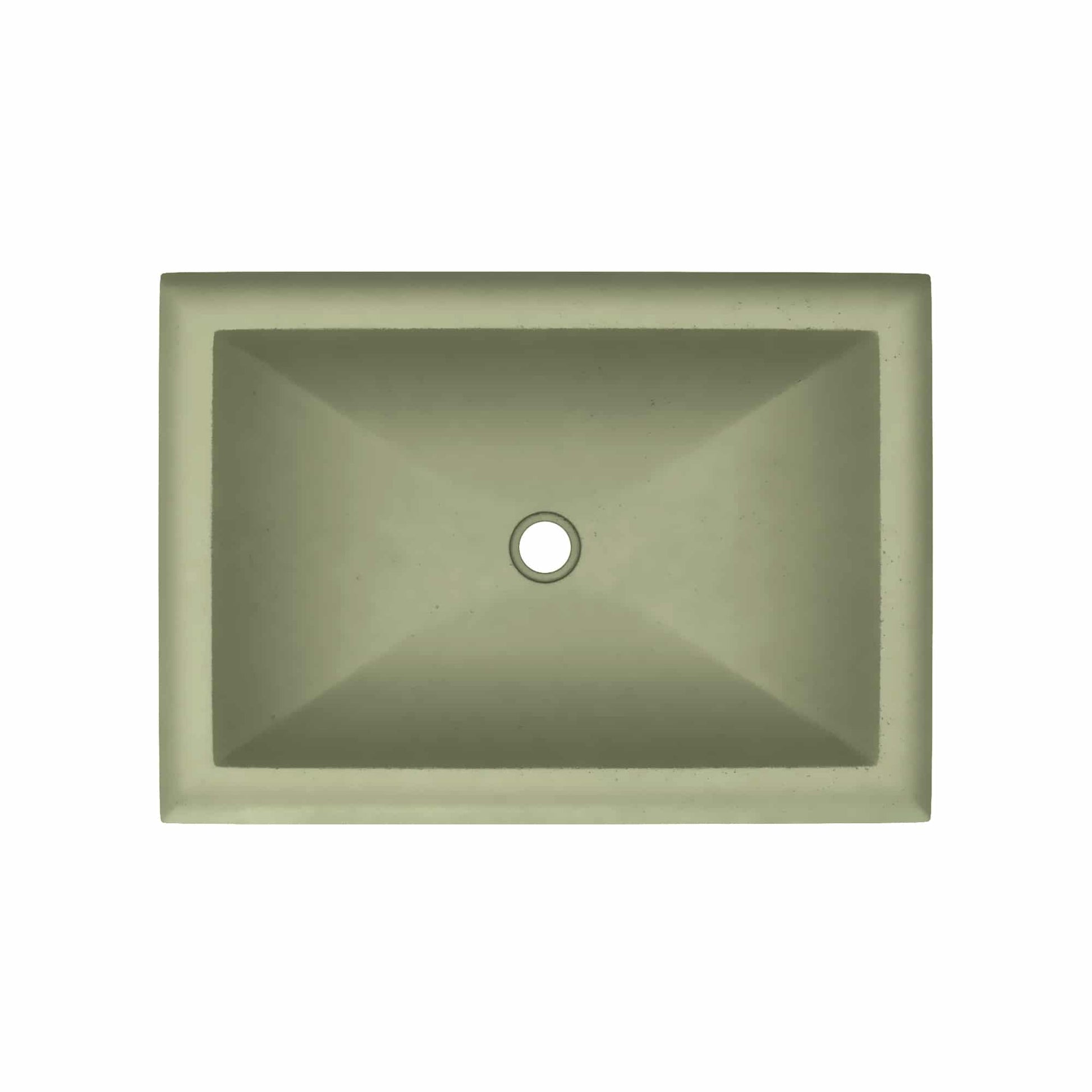 Sage-colored rectangular undermount sink with centered drain hole and tapered interior basin.