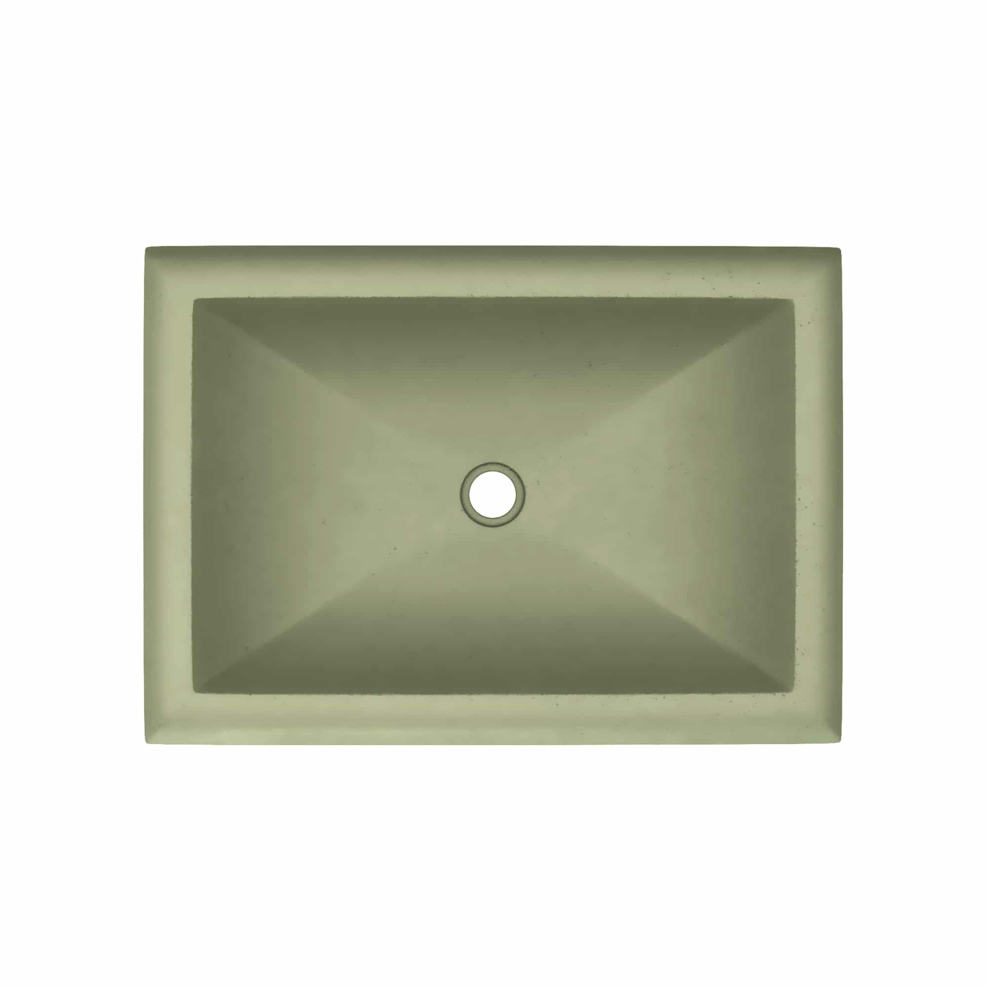 Sage-colored rectangular undermount sink with centered drain hole and tapered interior basin.