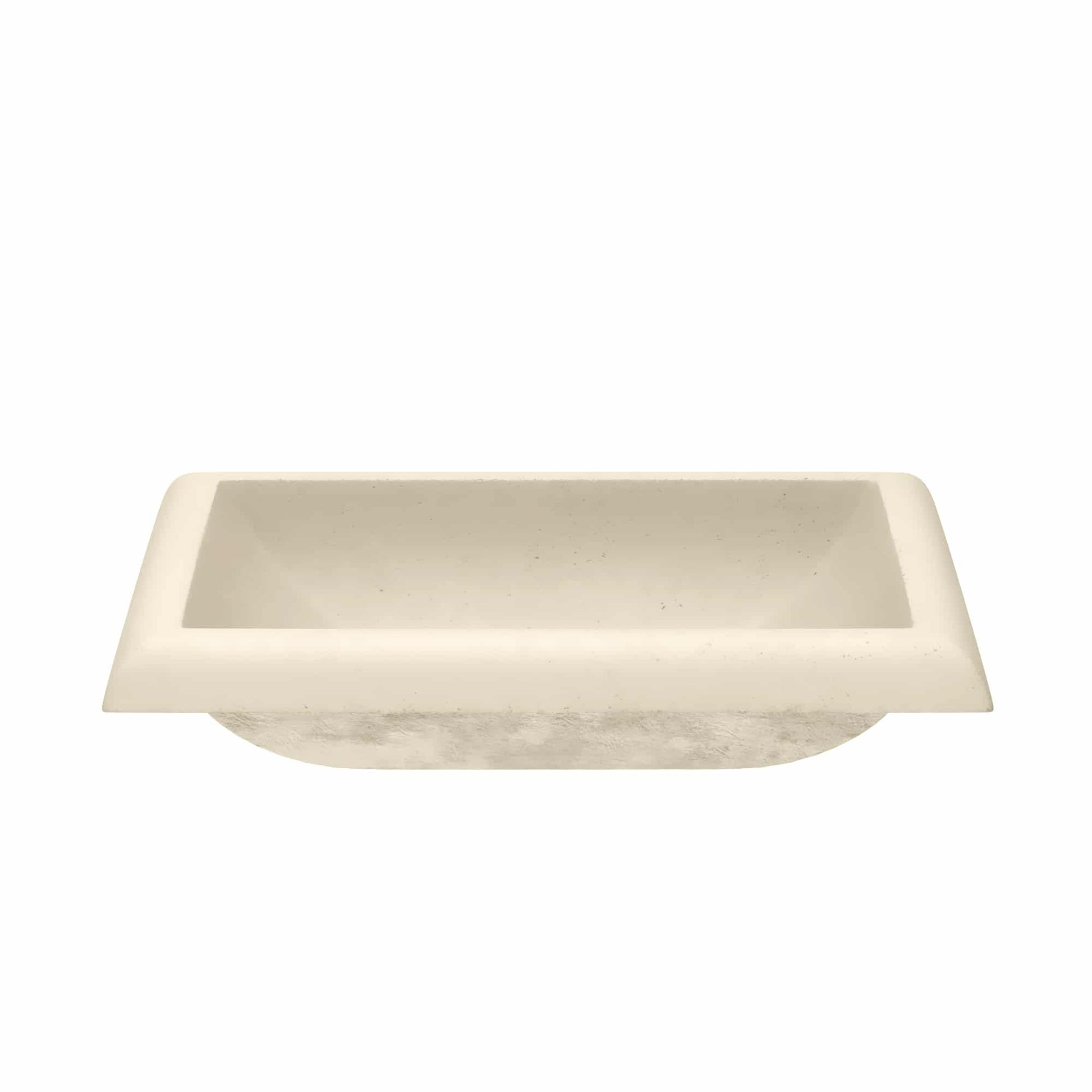 Sand-colored rectangular undermount sink with sloped sides and textured exterior finish.