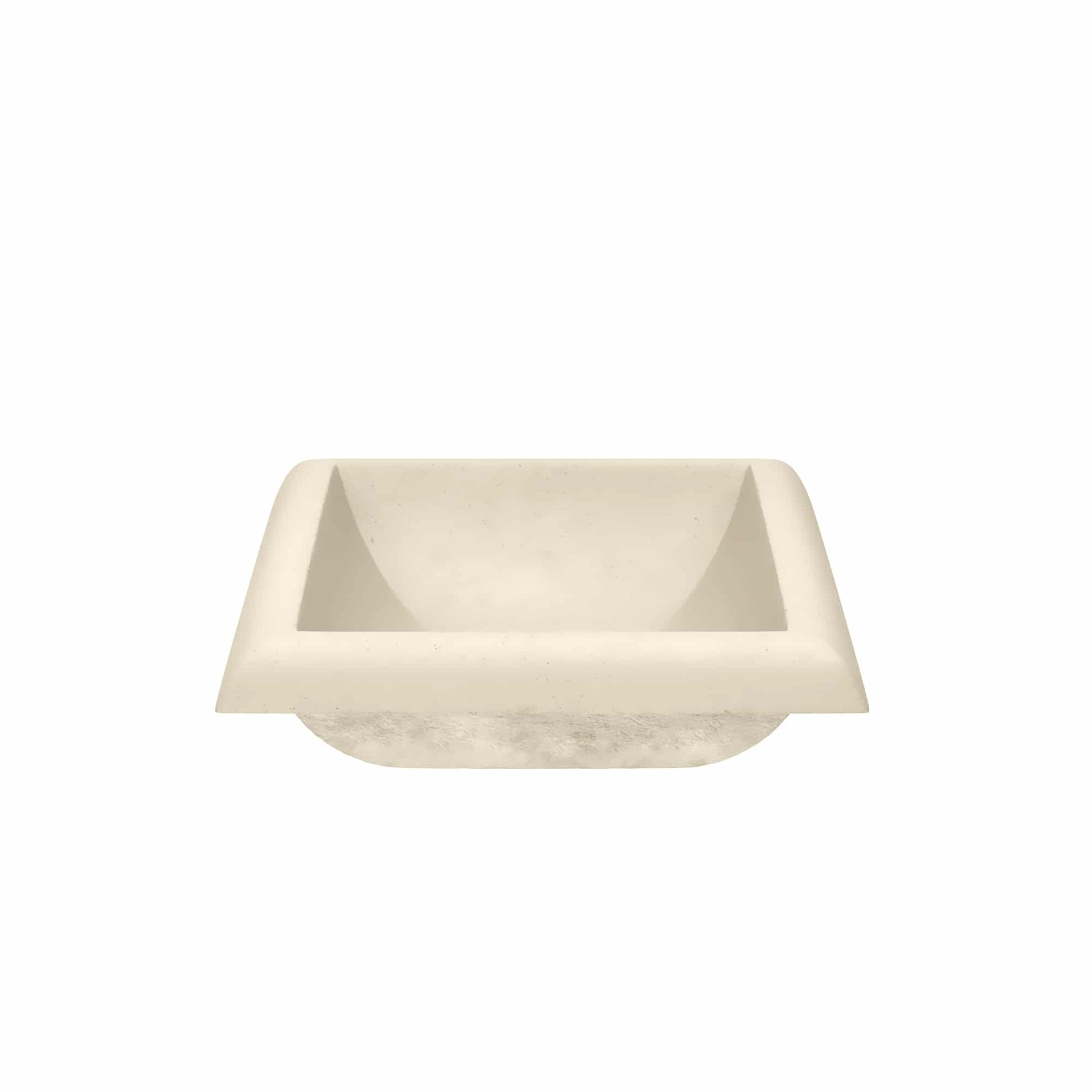Sand-colored square vessel sink with sloped sides and textured exterior surface.