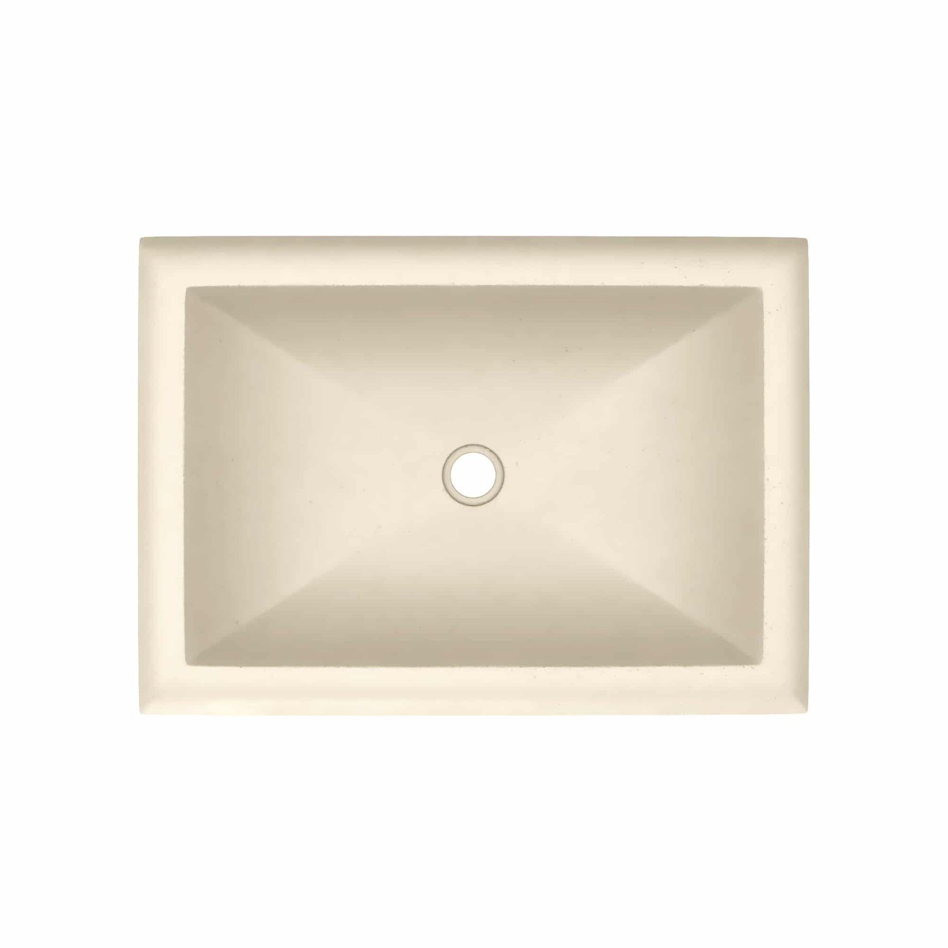 Rectangular undermount sink in sand color with single drain hole, viewed from above.
