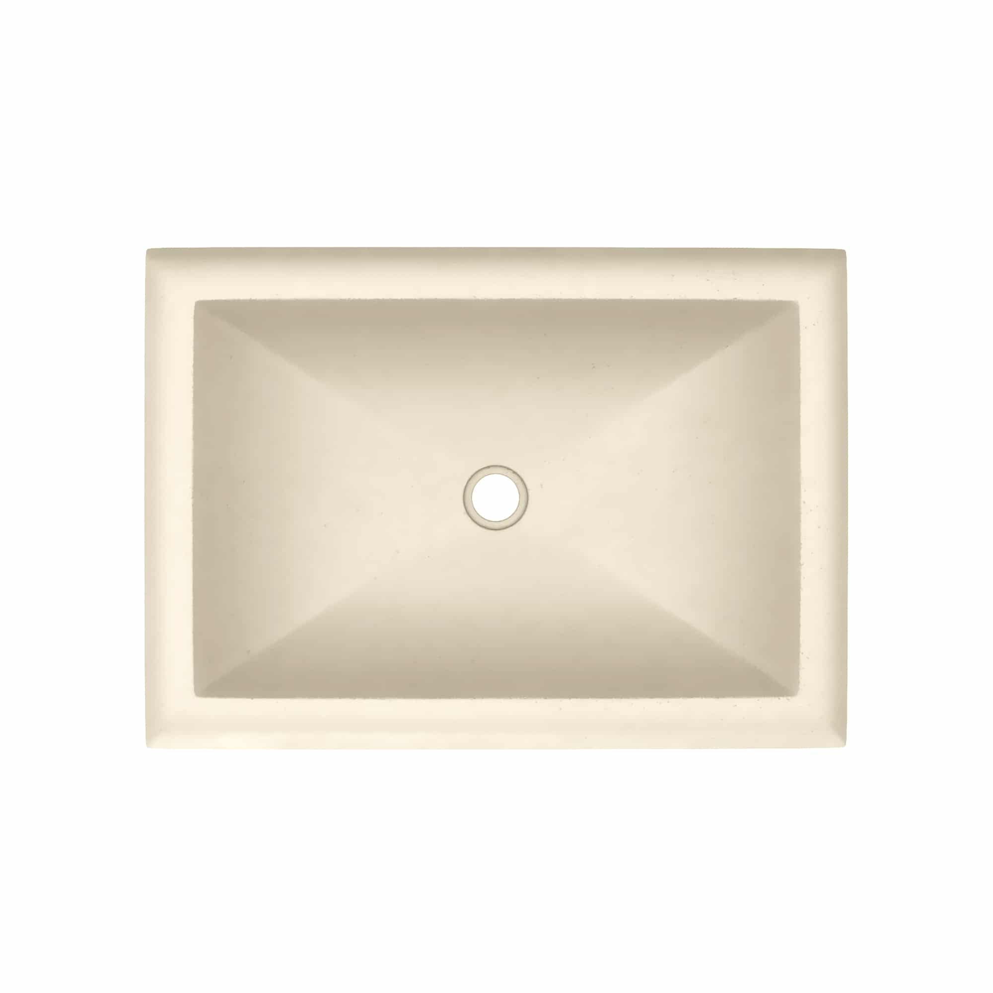 Rectangular undermount sink in sand color with single drain hole, viewed from above.