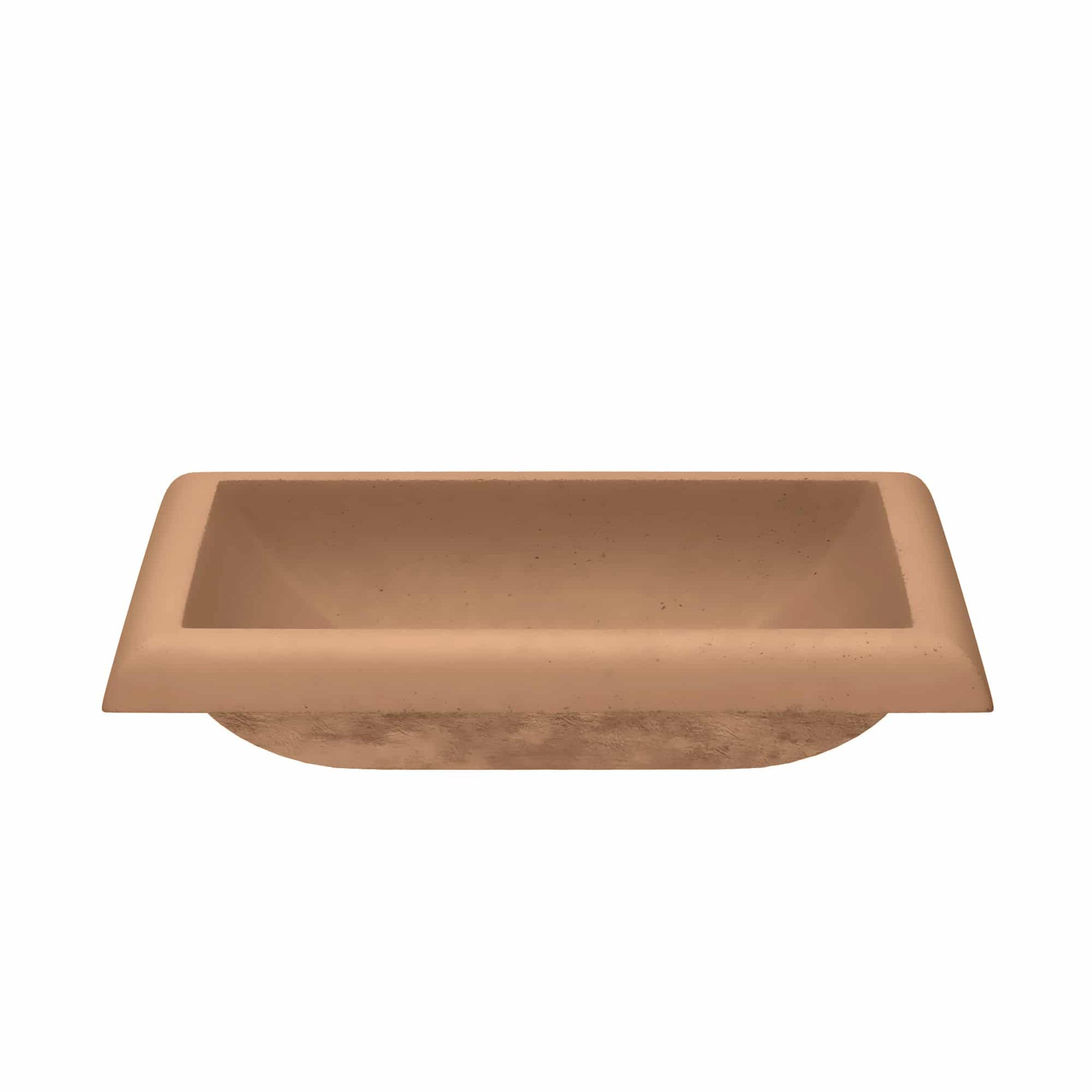 Terracotta rectangular sink with curved rim and sloped sides, viewed from above.