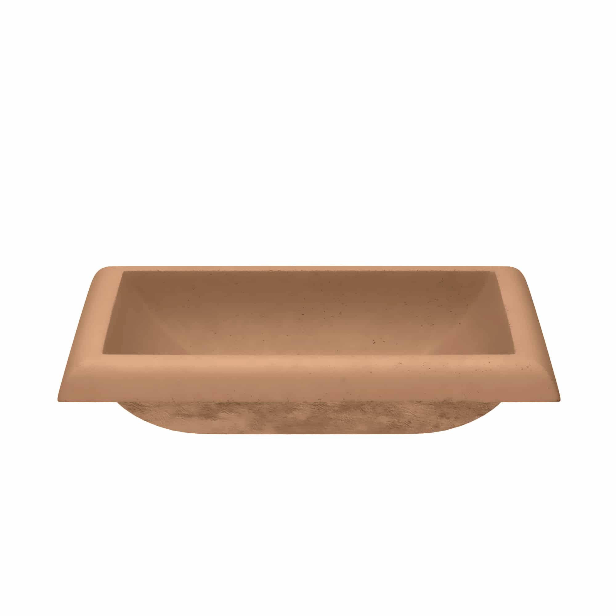 Terracotta rectangular sink with curved rim and sloped sides, viewed from above.