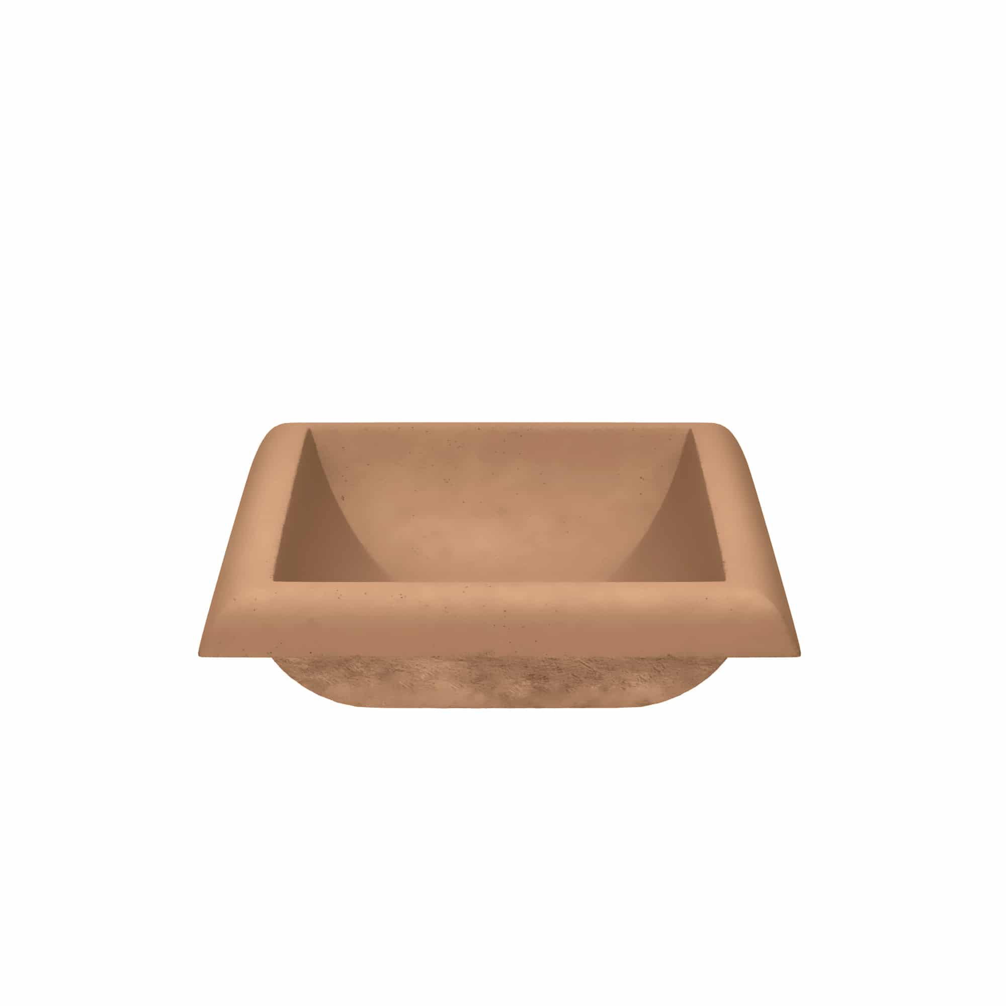Terracotta-colored square bathroom sink with sloped sides and textured exterior.
