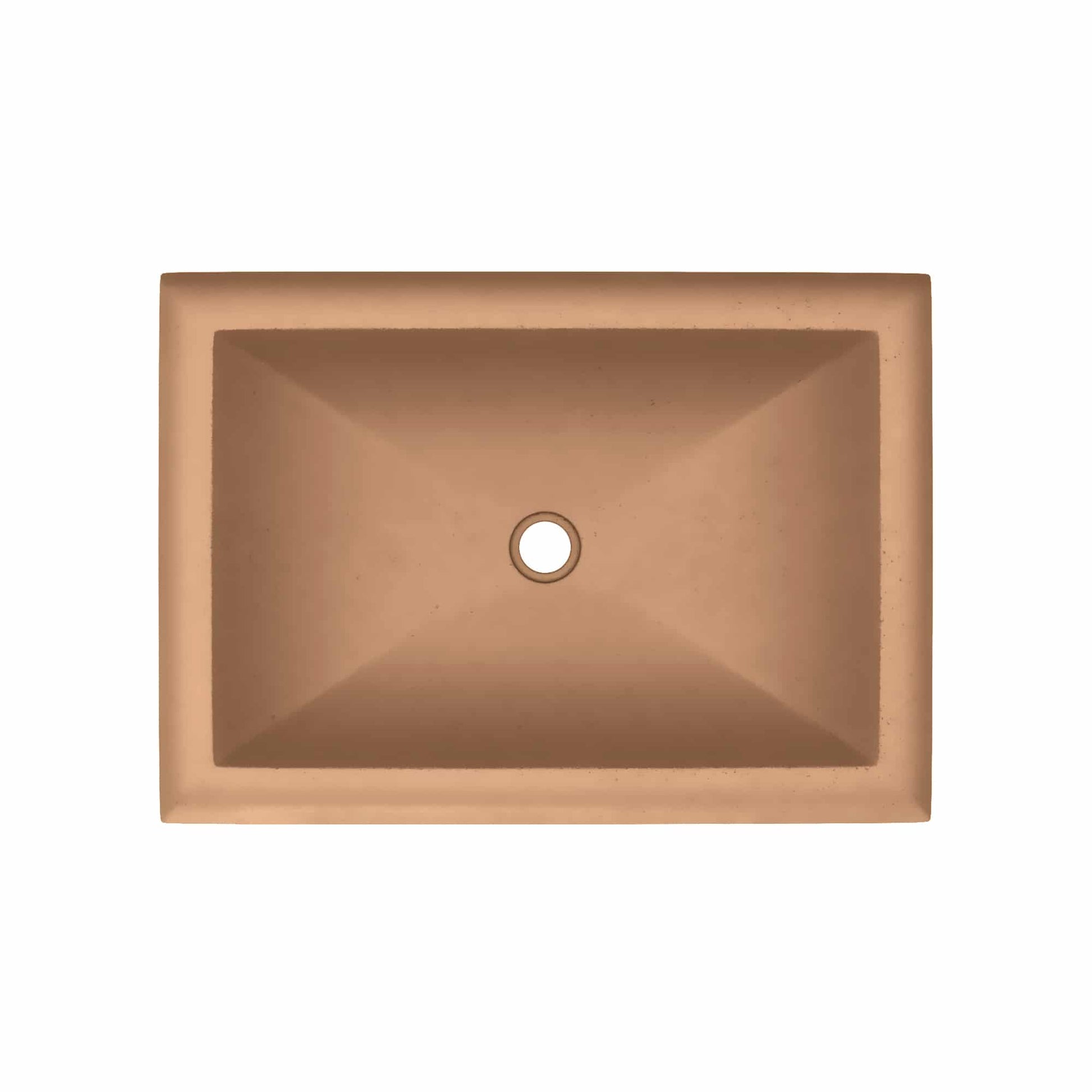 Terracotta rectangular undermount sink with tapered bowl and single drain hole.